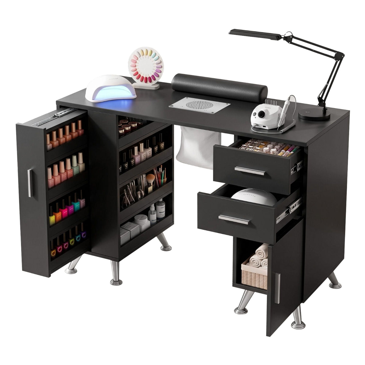 Artiss Manicure Table Nail Desk with Built-in Dust Collector Beauty Salon Station Drawers Shelves Wrist Cushion Black-1