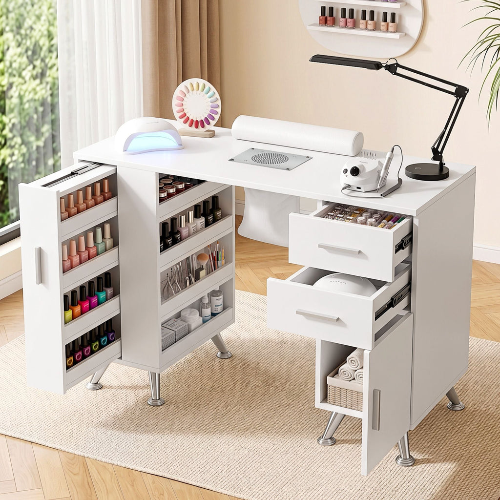 Artiss Manicure Table Nail Desk with Built-in Dust Collector Beauty Salon Station Drawers Shelves Wrist Cushion White-0