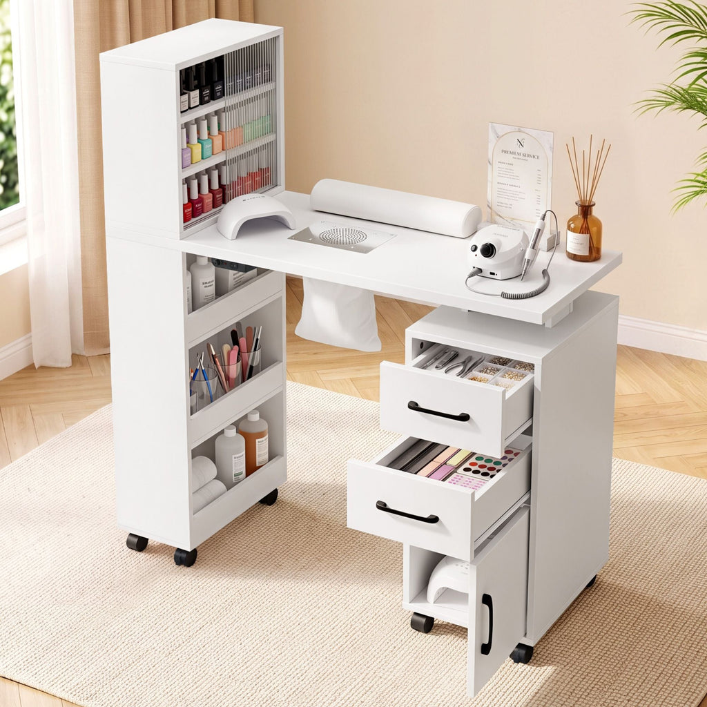 Artiss Manicure Table Nail Desk with Built-in Dust Collector Beauty Salon Station Drawers Shelves Wrist Cushion White-0