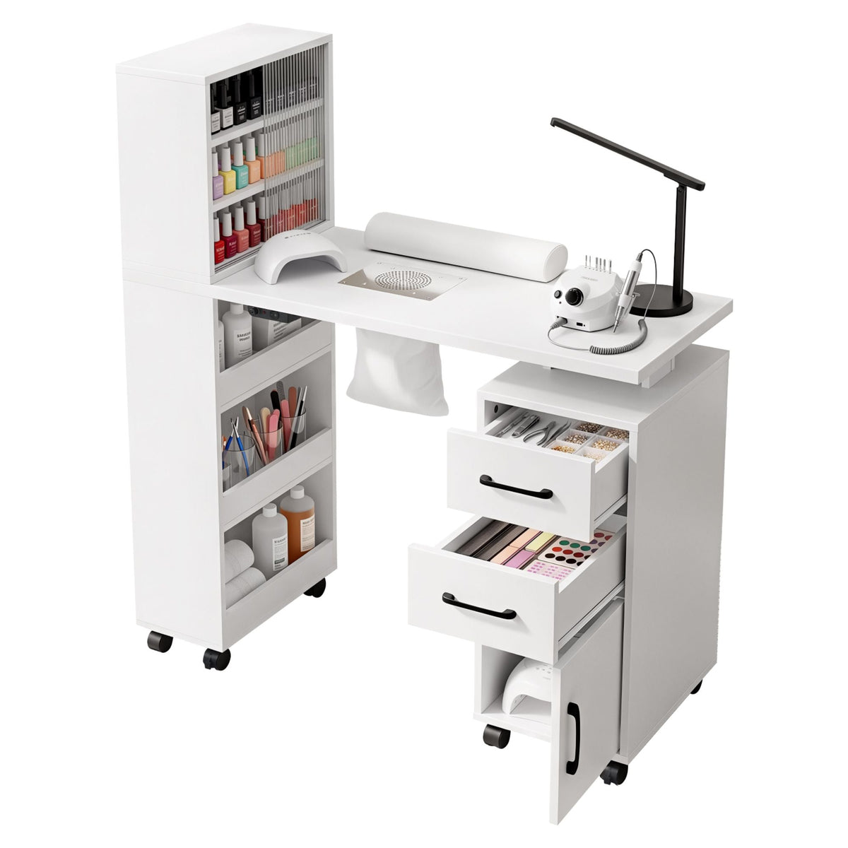 Artiss Manicure Table Nail Desk with Built-in Dust Collector Beauty Salon Station Drawers Shelves Wrist Cushion White-1