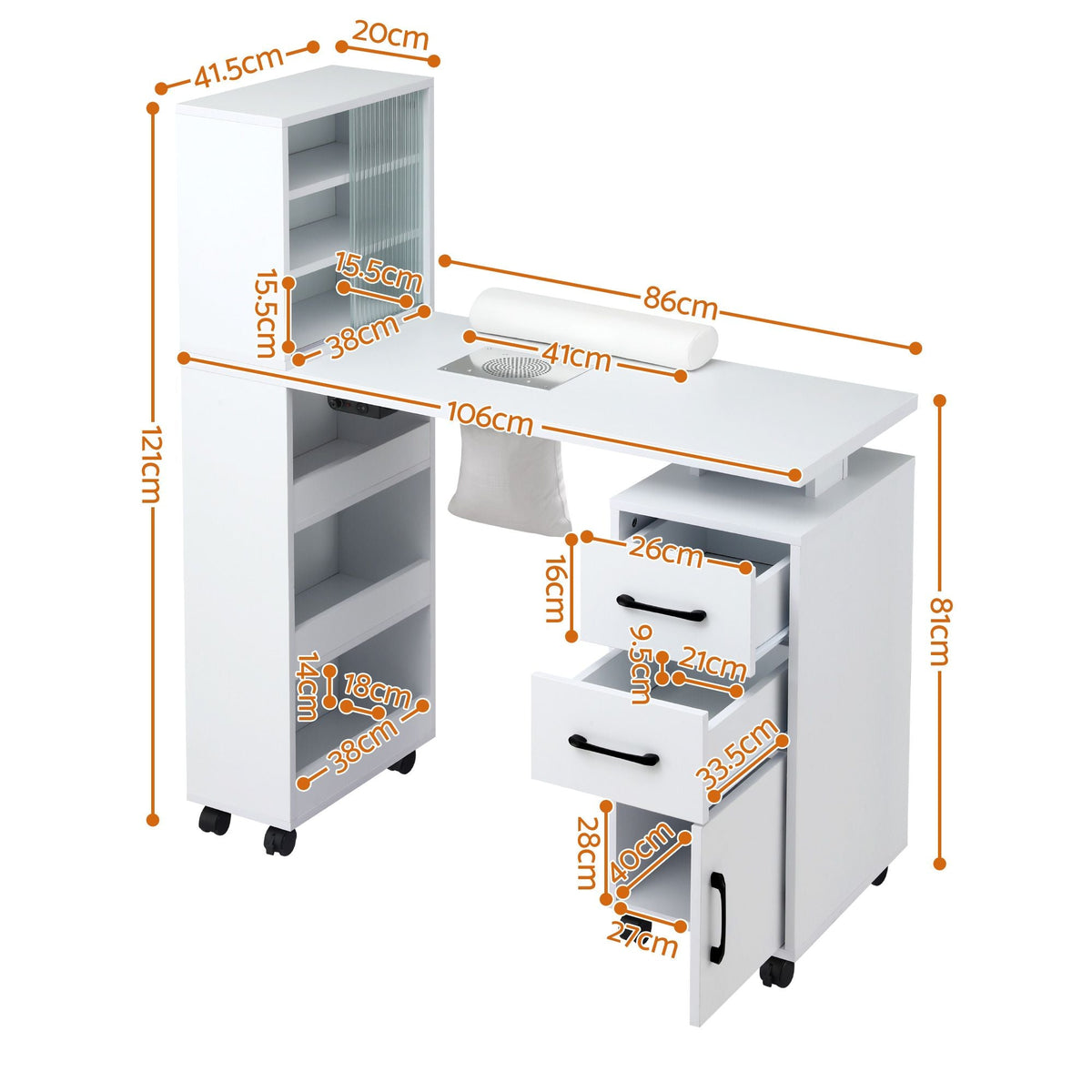 Artiss Manicure Table Nail Desk with Built-in Dust Collector Beauty Salon Station Drawers Shelves Wrist Cushion White-3