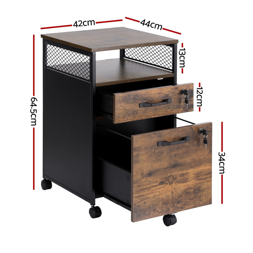 Artiss Filing Cabinet File Cabinet with Wheels 2 Drawer Storage Rustic Brown-2
