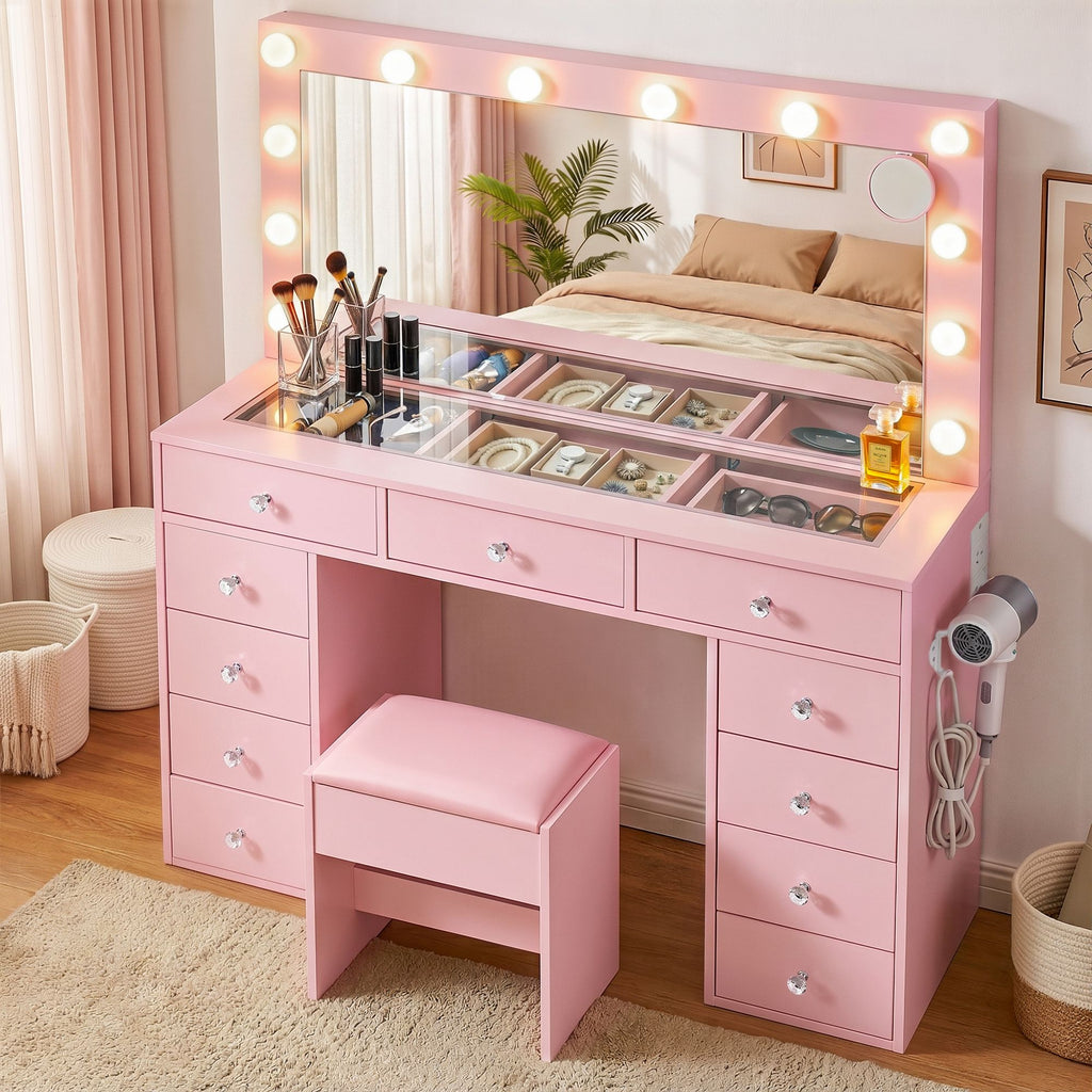 Artiss Dressing Table Charging Station LED Vanity Desk Set Stool Glass Top Make up Mirror Storage Drawer Pink-0