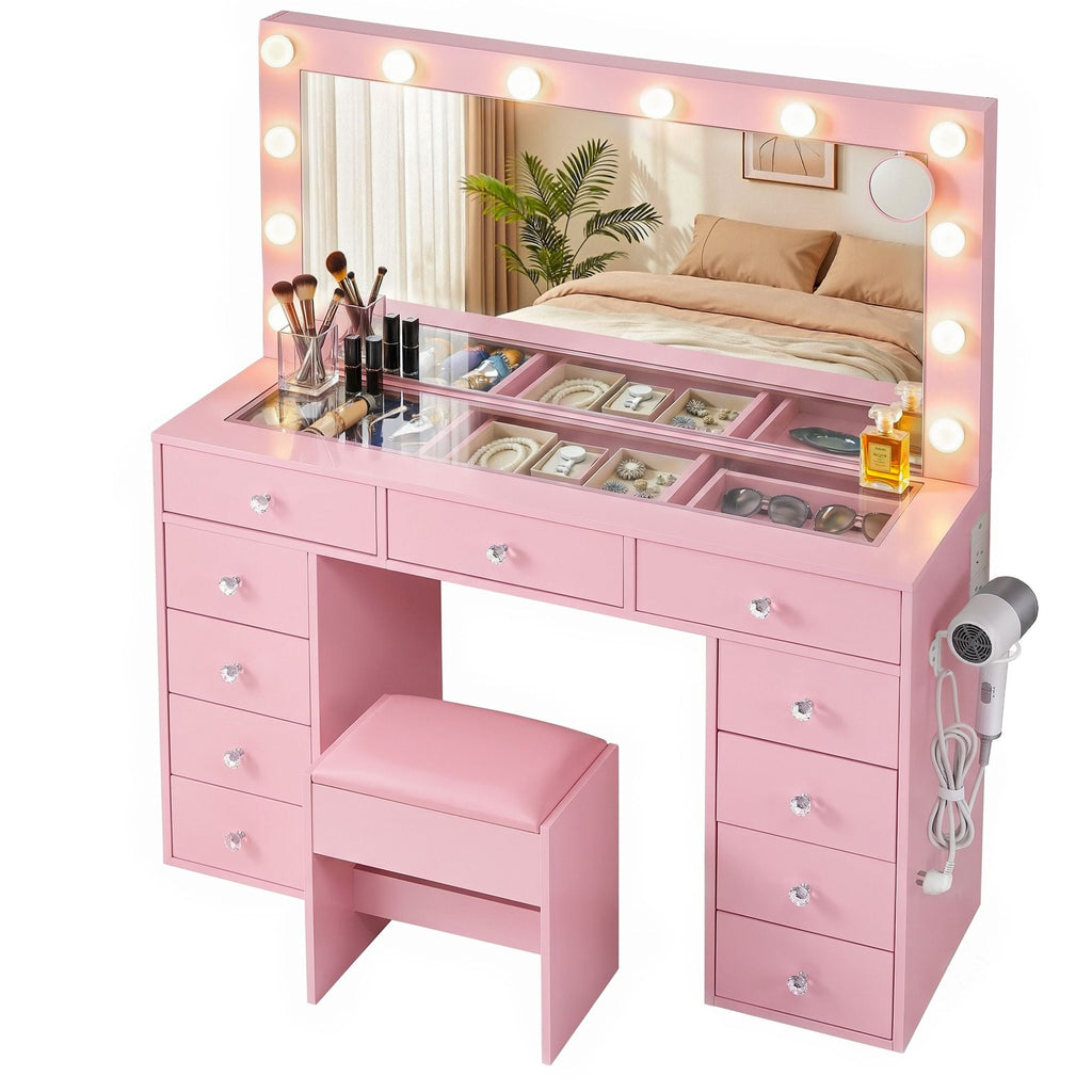 Artiss Dressing Table Charging Station LED Vanity Desk Set Stool Glass Top Make up Mirror Storage Drawer Pink-1