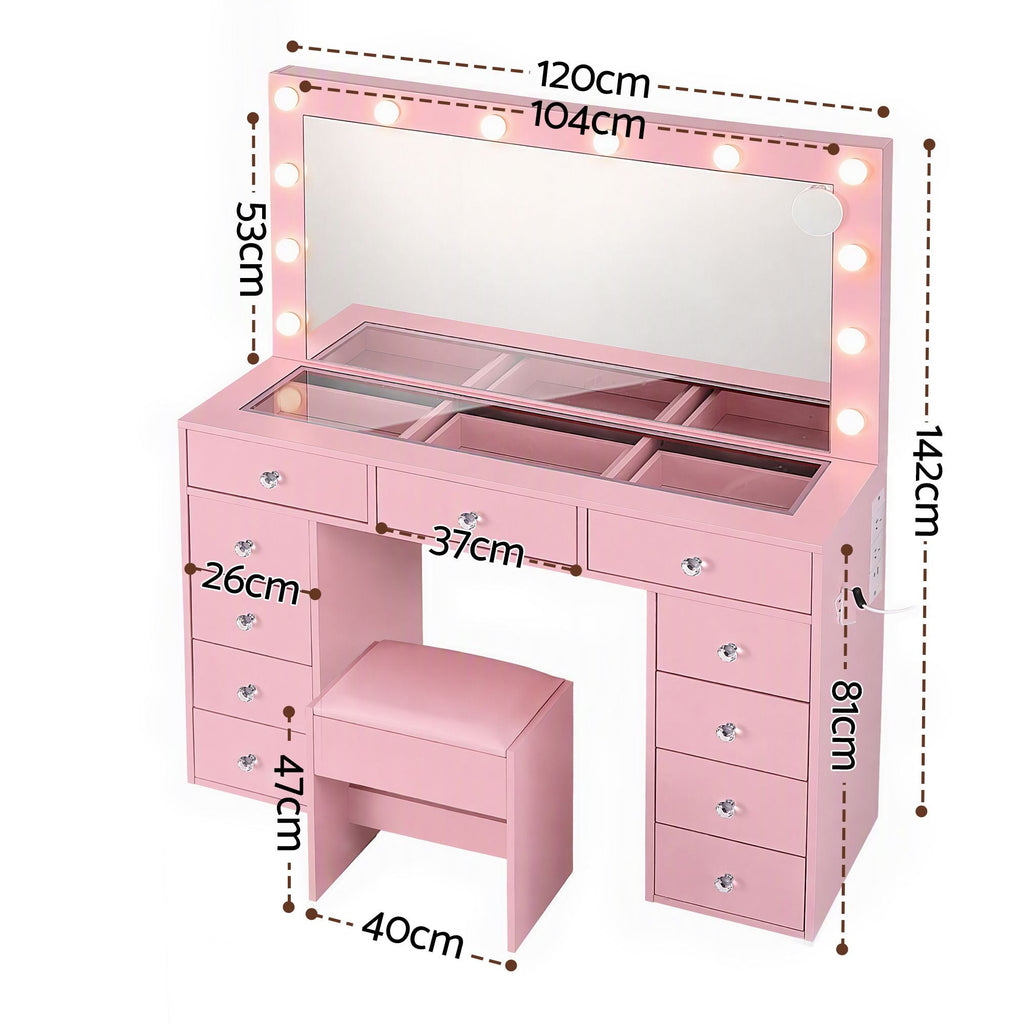 Artiss Dressing Table Charging Station LED Vanity Desk Set Stool Glass Top Make up Mirror Storage Drawer Pink-3