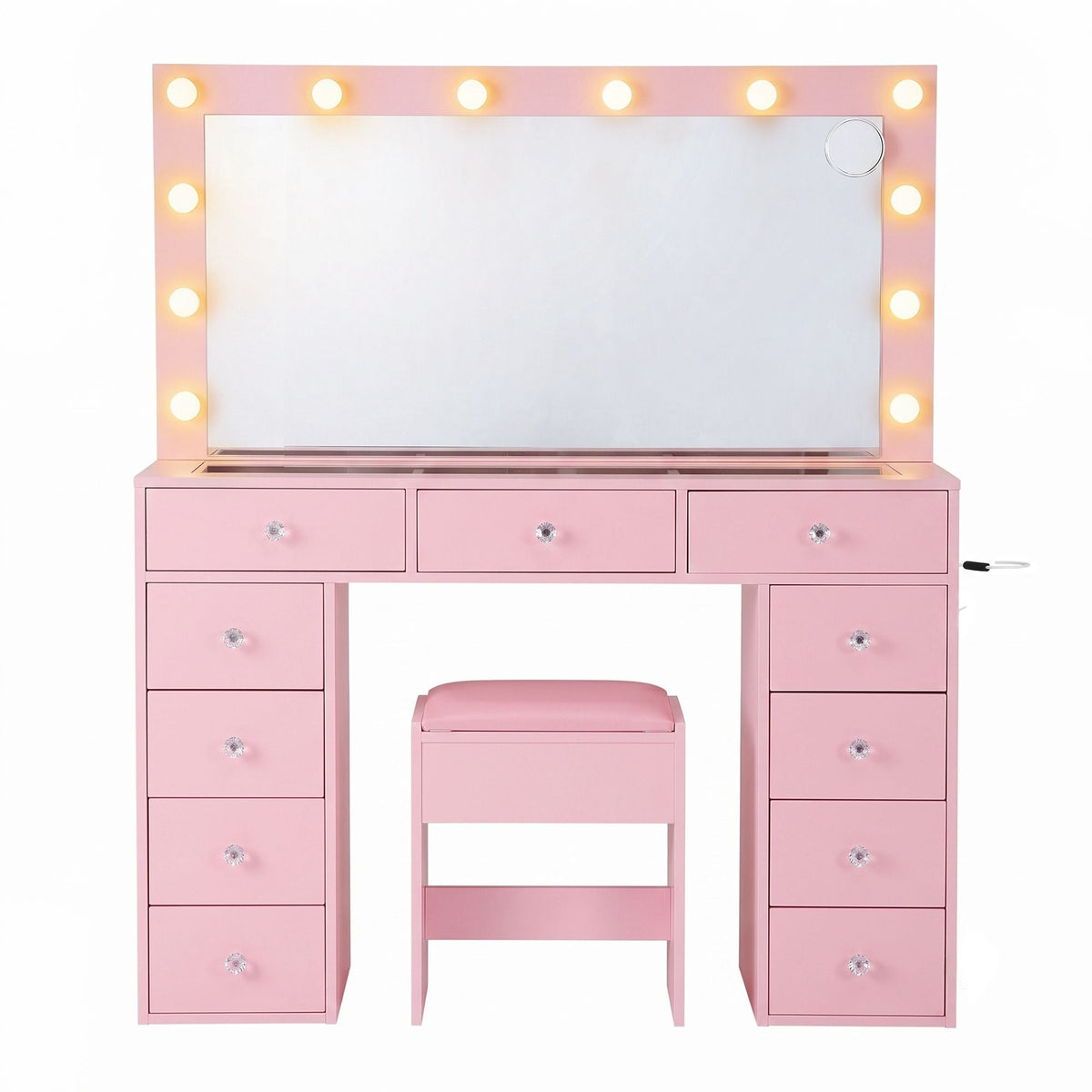 Artiss Dressing Table Charging Station LED Vanity Desk Set Stool Glass Top Make up Mirror Storage Drawer Pink-4