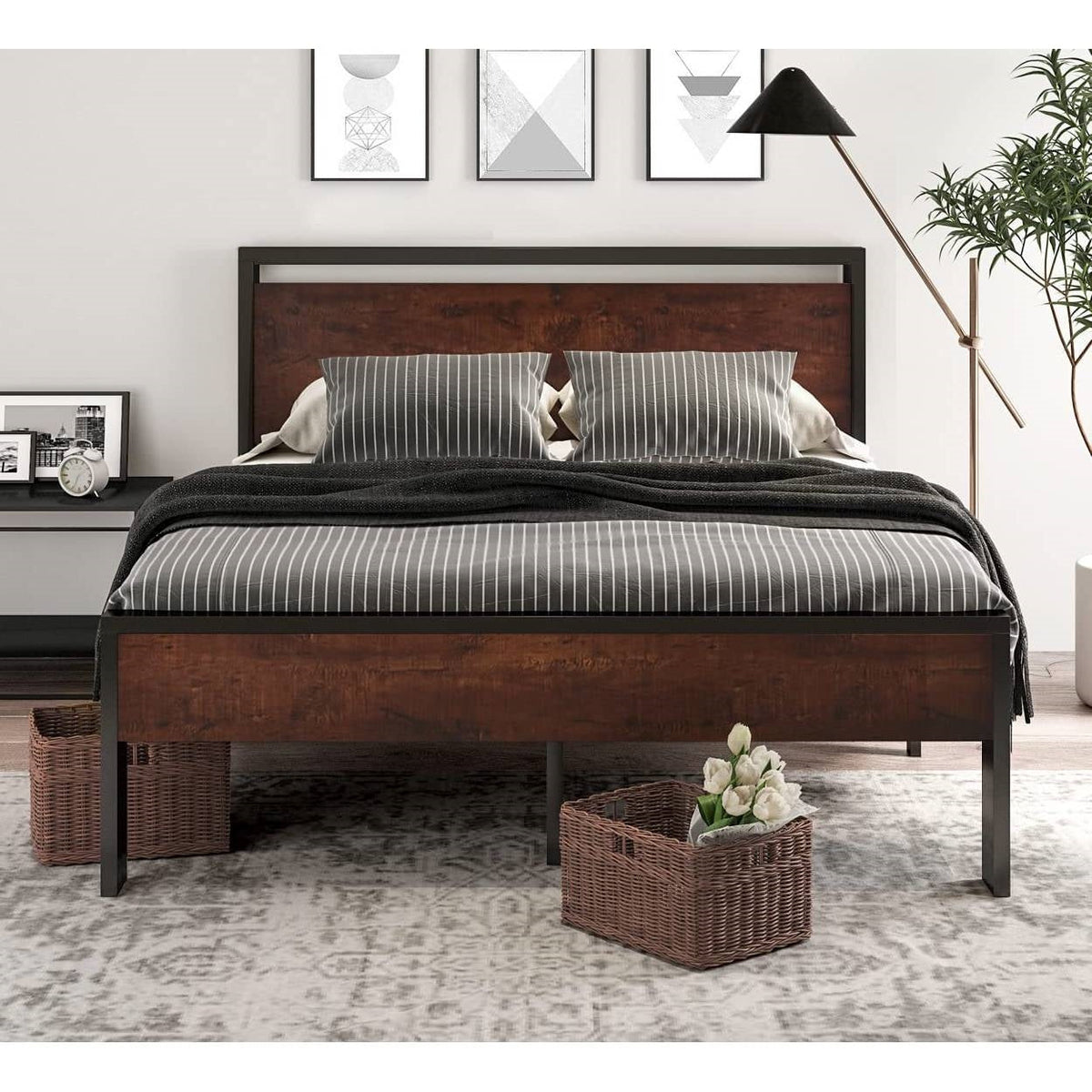 Full Metal Platform Bed Frame with Mahogany Wood Panel Headboard Footboard-1