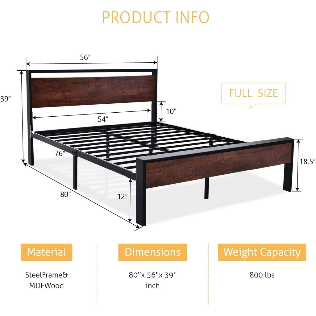 Full Metal Platform Bed Frame with Mahogany Wood Panel Headboard Footboard-4