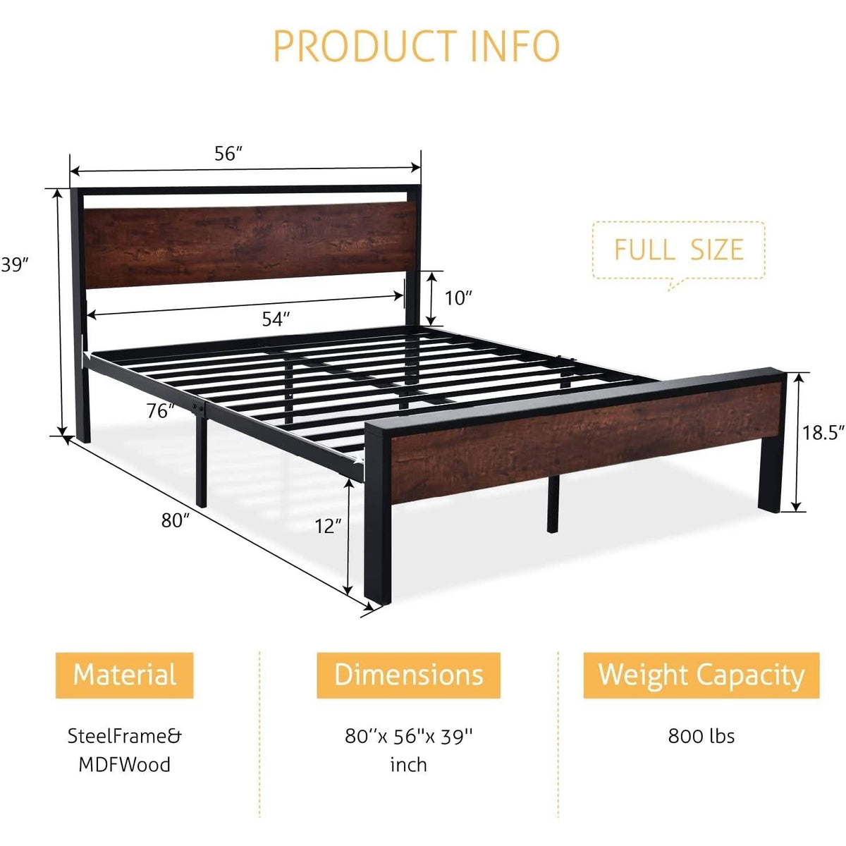 Full Metal Platform Bed Frame with Mahogany Wood Panel Headboard Footboard-4