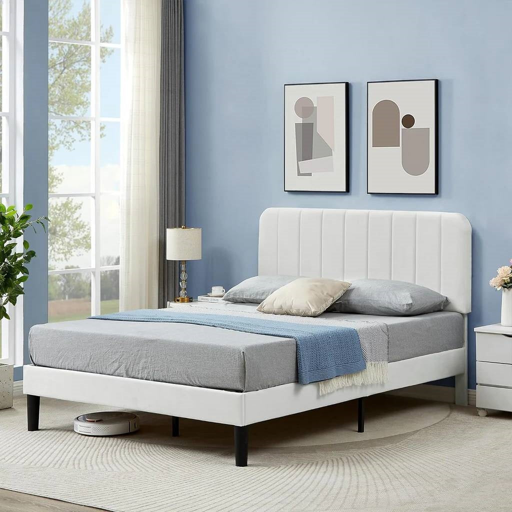 Full size White Upholstered Platform Bed Frame with Headboard-0