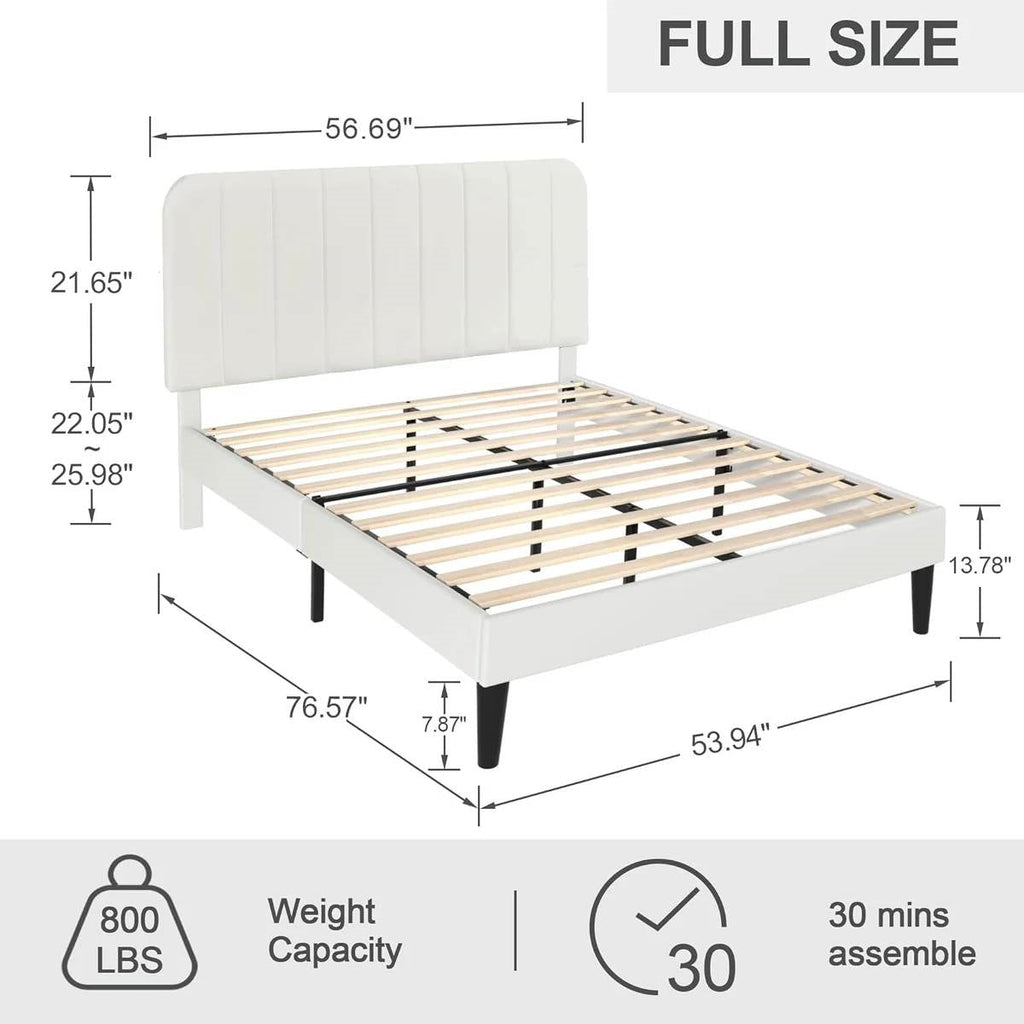 Full size White Upholstered Platform Bed Frame with Headboard-3