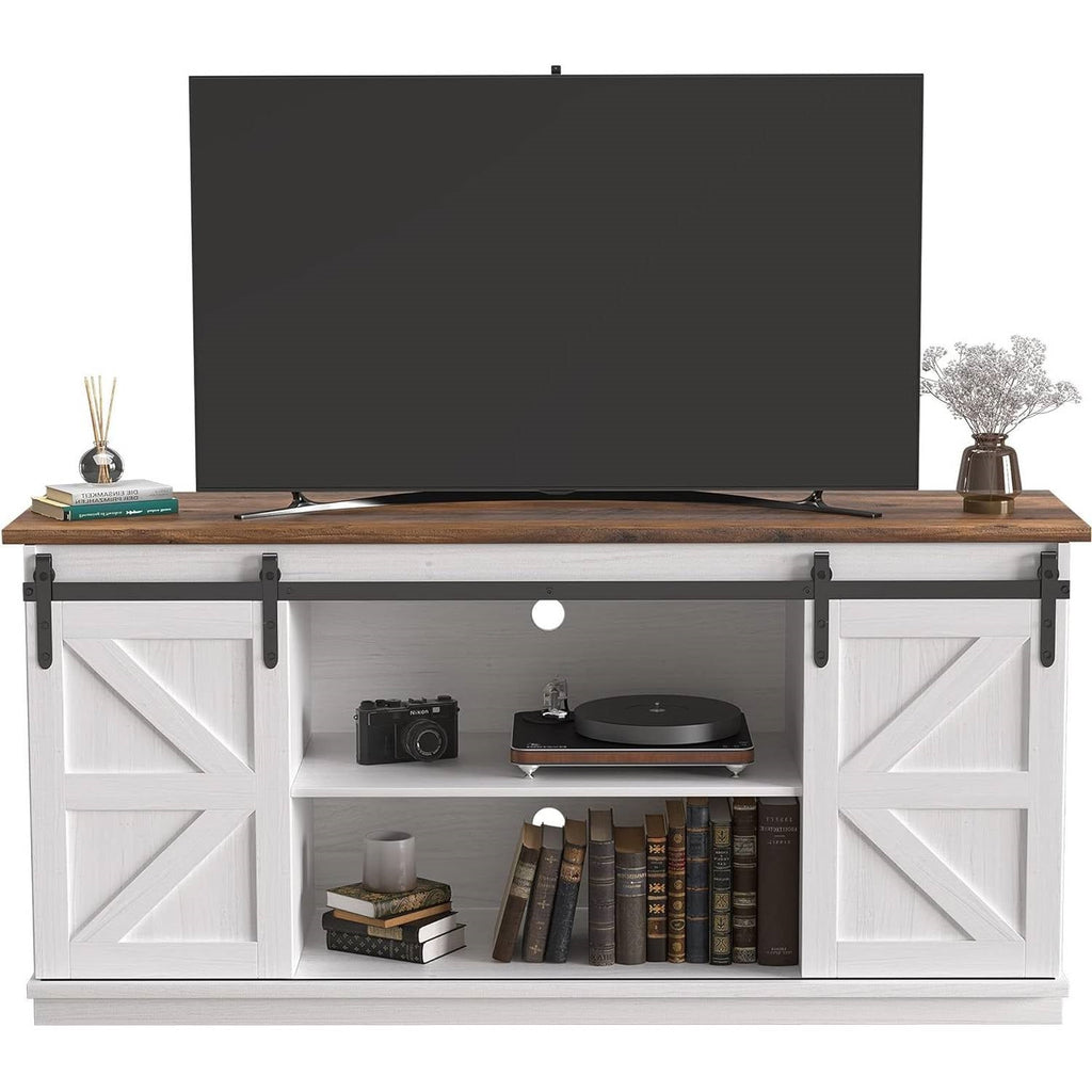 Farmhouse TV Stand in White Wood Finish with Sliding Doors for TV up to 65-inch-0