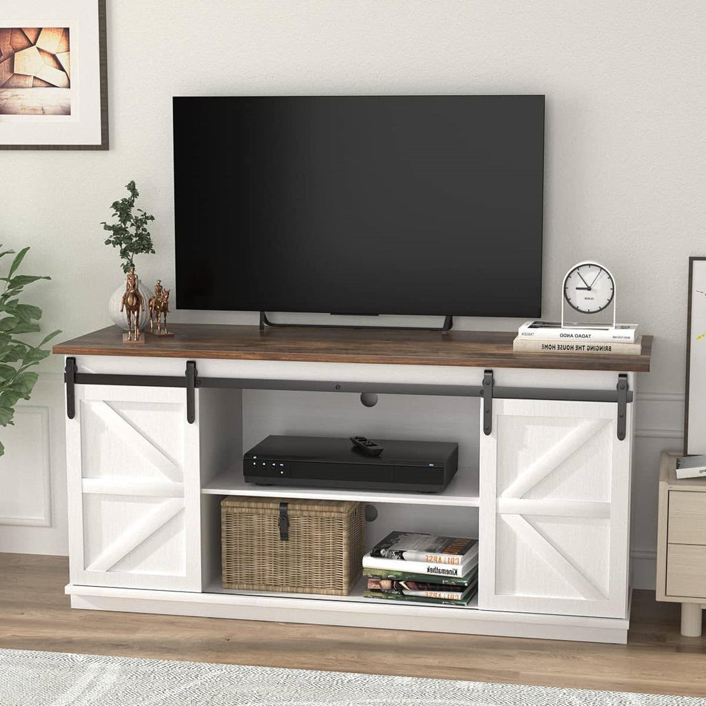 Farmhouse TV Stand in White Wood Finish with Sliding Doors for TV up to 65-inch-1