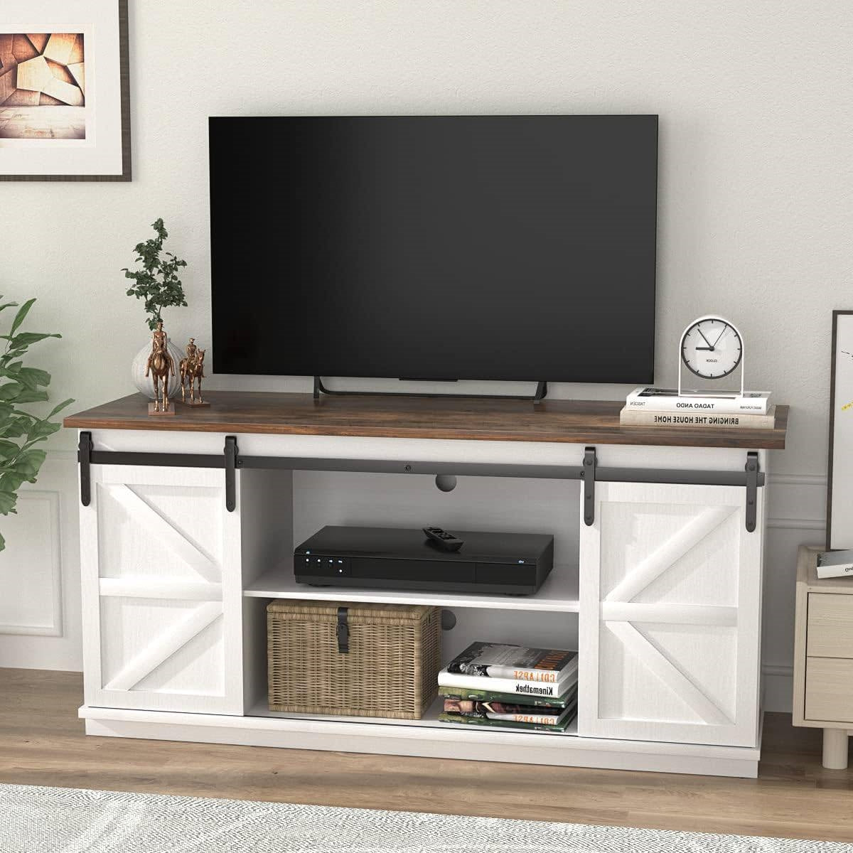 Farmhouse TV Stand in White Wood Finish with Sliding Doors for TV up to 65-inch-1
