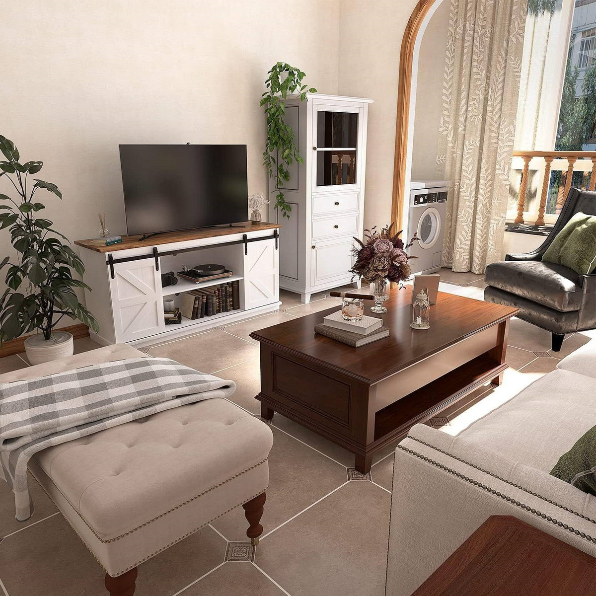 Farmhouse TV Stand in White Wood Finish with Sliding Doors for TV up to 65-inch-2