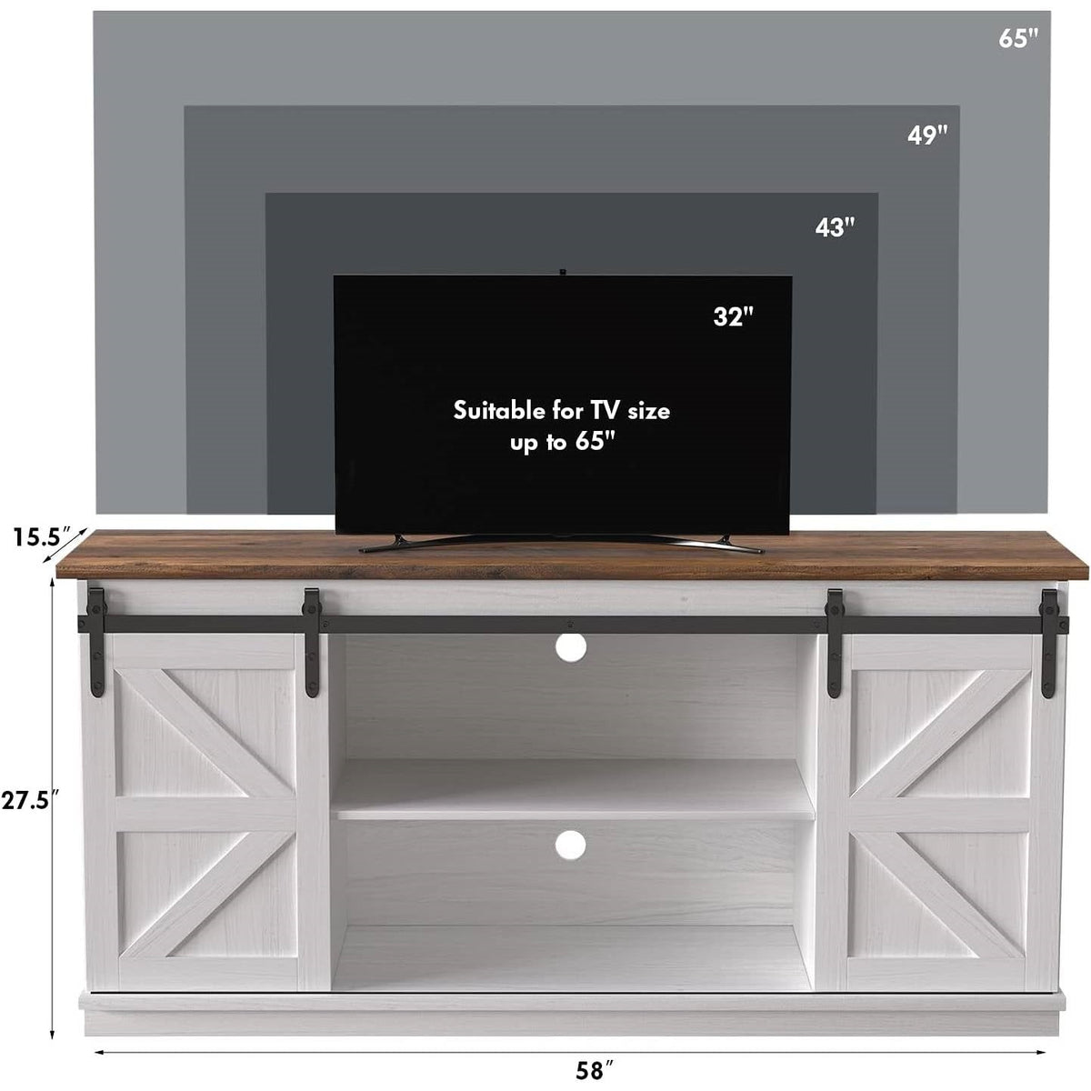 Farmhouse TV Stand in White Wood Finish with Sliding Doors for TV up to 65-inch-3
