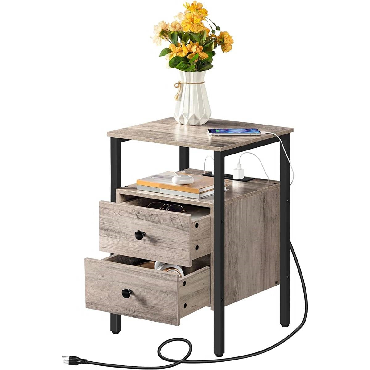 Modern Black Metal Nightstand with Grey Wood Finish Drawers and Shelf-3