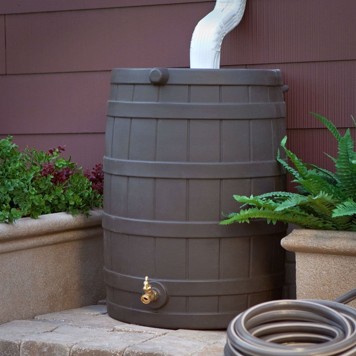 40-Gallon Durable Plastic Resin Rain Barrel in Brown Oak Finish with Spigot-0