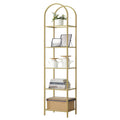 Arched Top Gold Metal Display Rack Narrow Bookcase with 5 Glass Storage Shelves-0