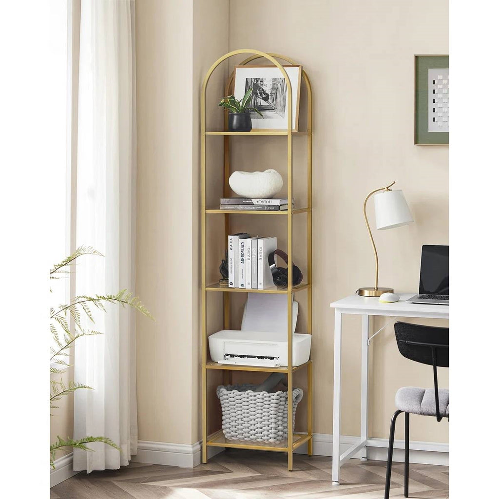 Arched Top Gold Metal Display Rack Narrow Bookcase with 5 Glass Storage Shelves-2