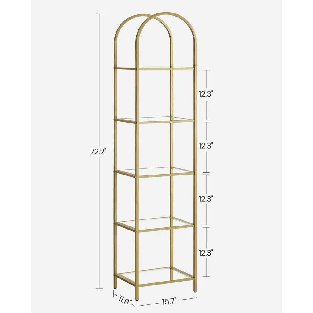 Arched Top Gold Metal Display Rack Narrow Bookcase with 5 Glass Storage Shelves-4