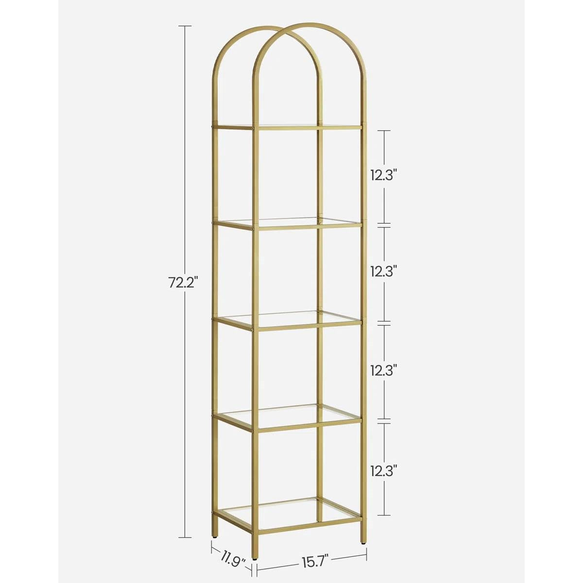 Arched Top Gold Metal Display Rack Narrow Bookcase with 5 Glass Storage Shelves-4