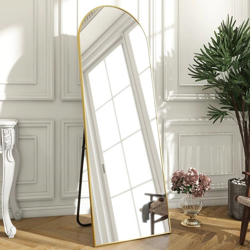 Gold 58-inch Full Length Arched Floor Mirror with Stand and Wall Hanging Screws-1
