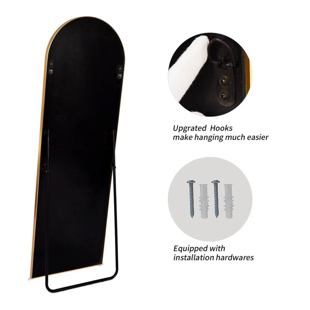 Gold 58-inch Full Length Arched Floor Mirror with Stand and Wall Hanging Screws-4