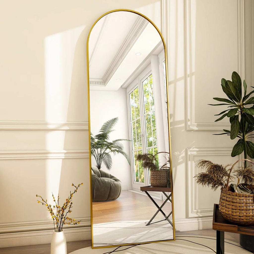 Gold 64-inch Full Length Arched Floor Mirror with Stand and Wall Hanging Screws-2
