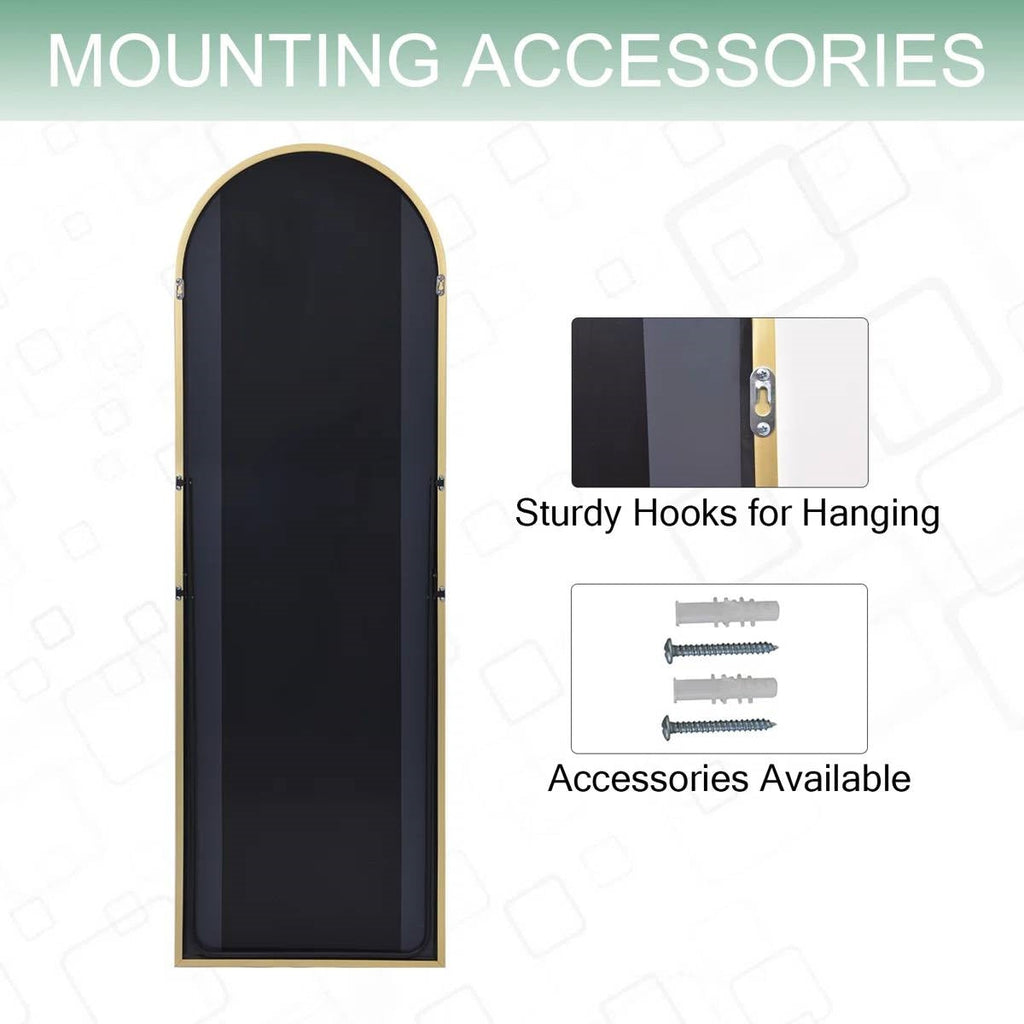 Gold 64-inch Full Length Arched Floor Mirror with Stand and Wall Hanging Screws-4