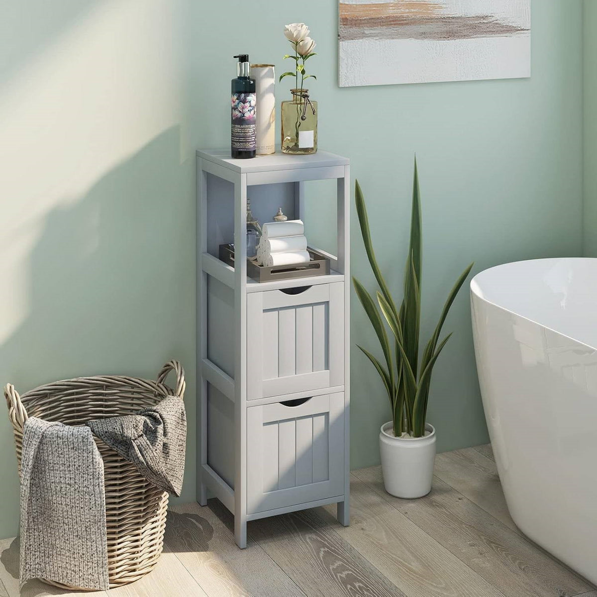 Modern Farmhouse 2-Drawer Bathroom Floor Cabinet with Shelf in Grey Wood Finish-1