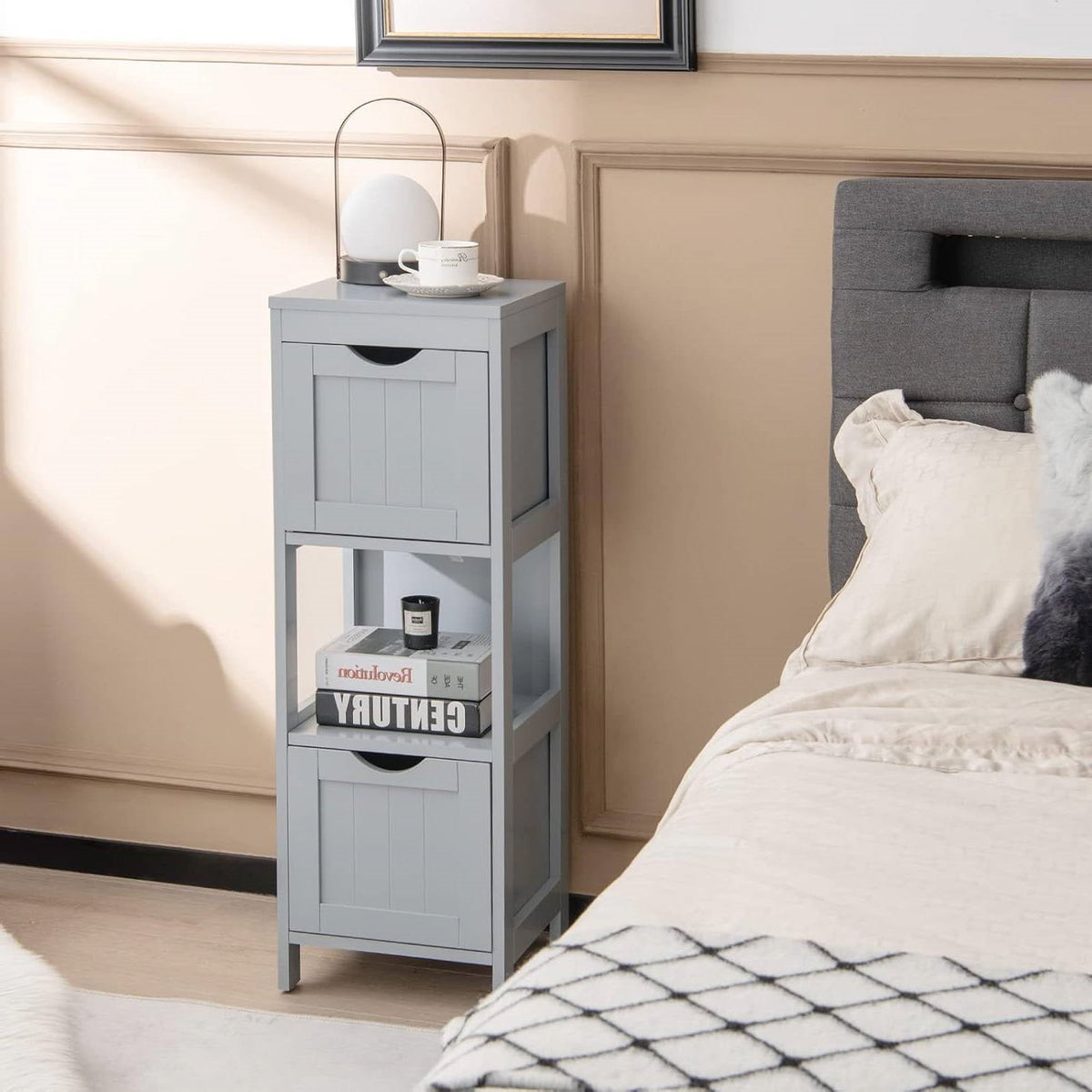 Modern Farmhouse 2-Drawer Bathroom Floor Cabinet with Shelf in Grey Wood Finish-2