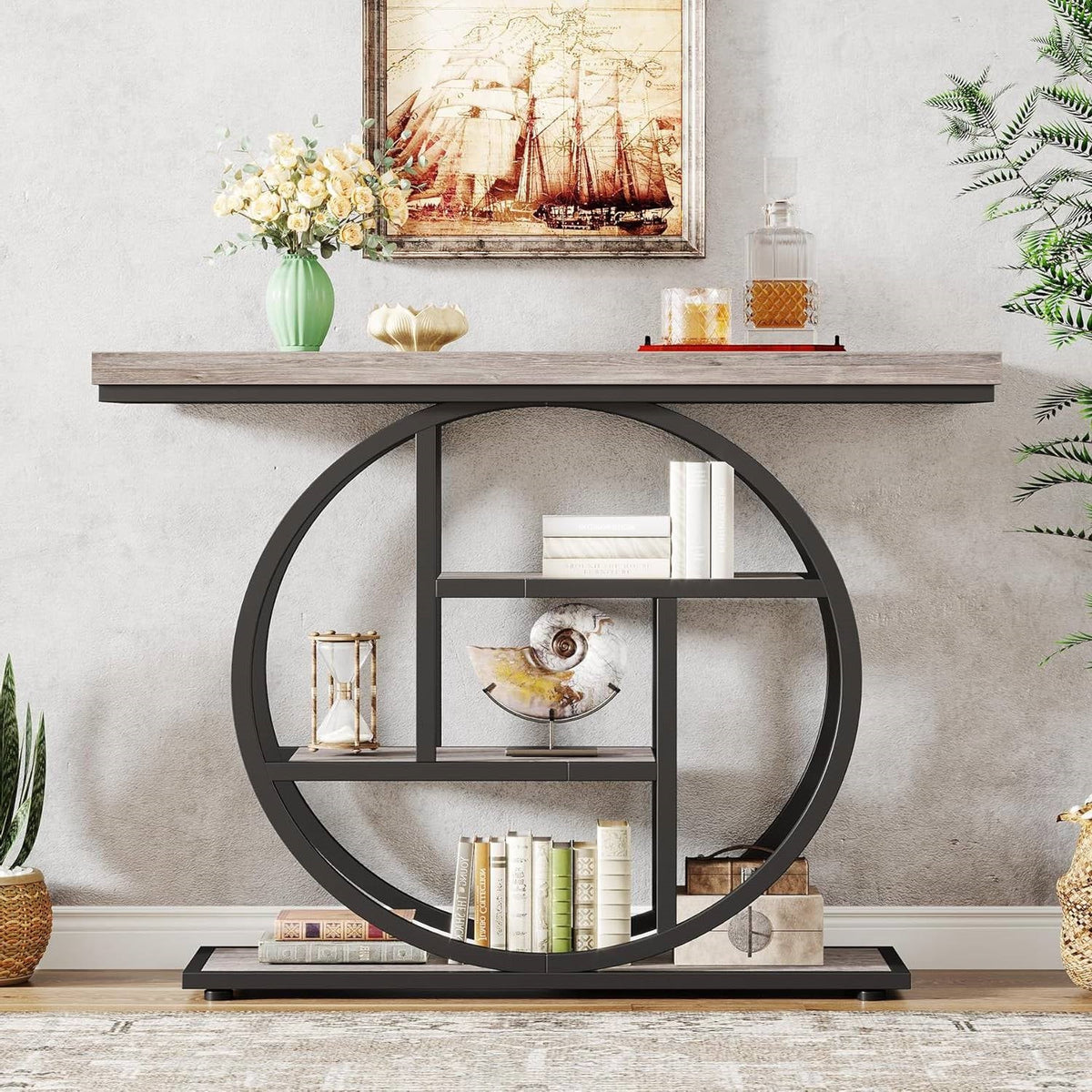 Modern 41-inch Wide Narrow Entryway Console Table with Grey Wood Finish Shelves-0