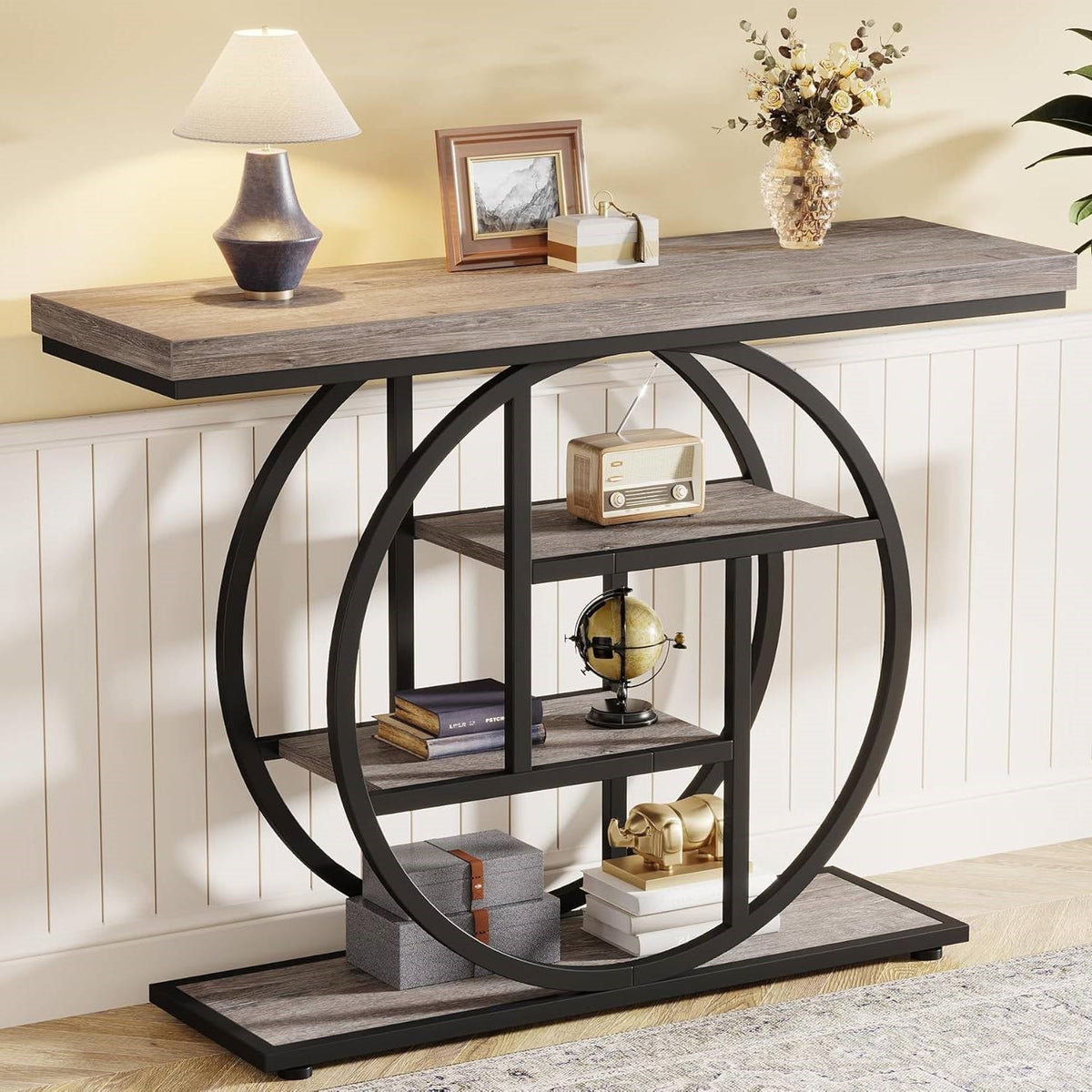 Modern 41-inch Wide Narrow Entryway Console Table with Grey Wood Finish Shelves-3