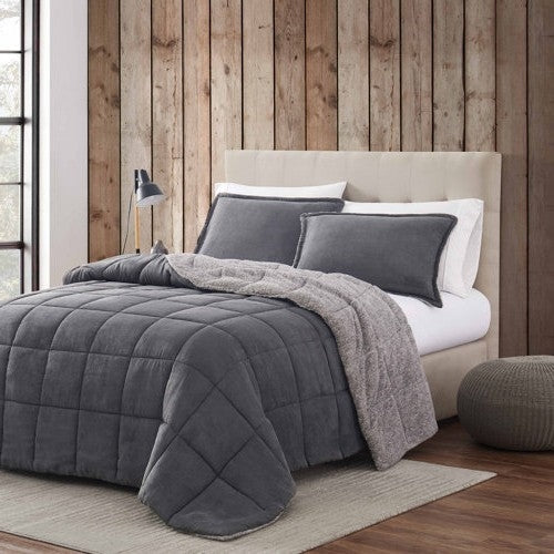 King Plush Sherpa Reversible Micro Suede Comforter Set in Gray-0