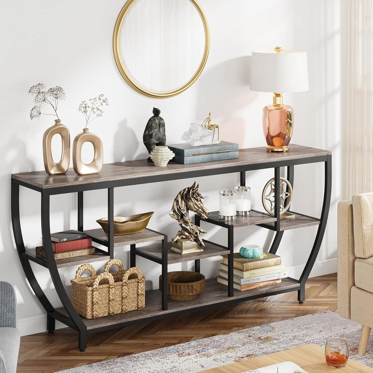 Industrial Chic 70-inch Long Narrow Console Sofa Table with Gray Wood Shelves-3