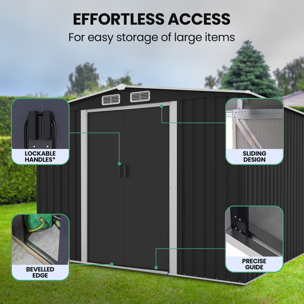 NNEMB Galvanised Steel Garden Shed 2.58 x 2.07 x 2.02m, with 2 Sliding Doors, 4 Air Vents, Gable Roof, Floor Frame-4