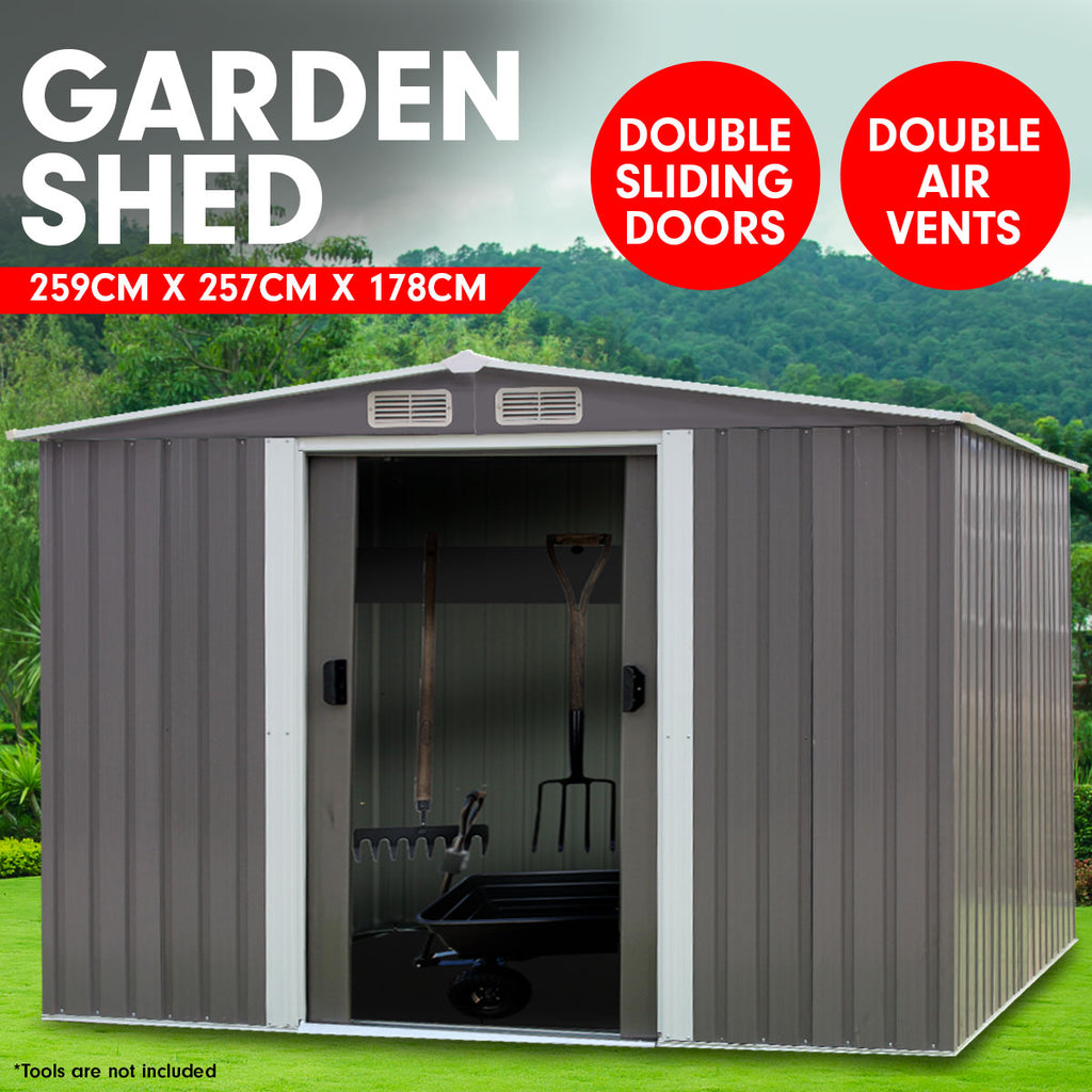 NNEDPE Garden Shed Spire Roof 8ft x 8ft Outdoor Storage Shelter - Grey-0