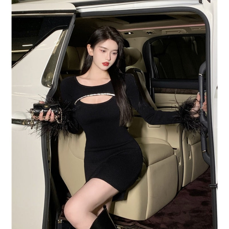 Black Party Dress With Ostrich Feather. You Will Look Stunning Women's-4