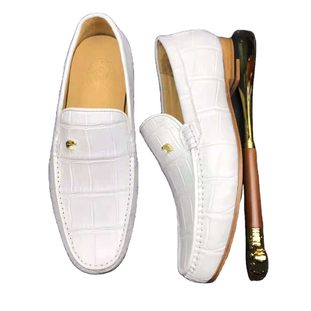 White Crocodile Leather Loafers Handmade Dress Shoes Men's-0