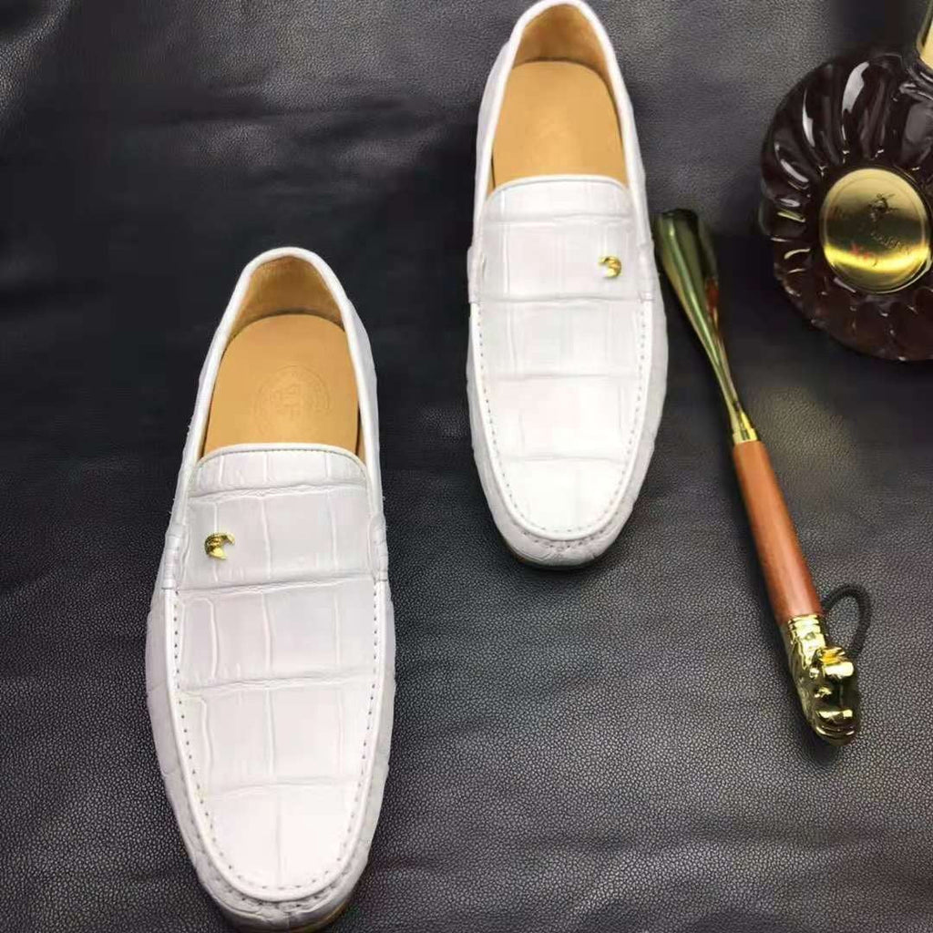 White Crocodile Leather Loafers Handmade Dress Shoes Men's-2