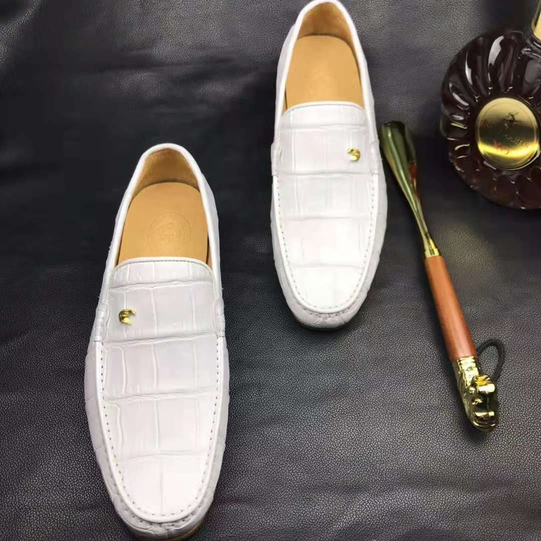 White Crocodile Leather Loafers Handmade Dress Shoes Men's-2