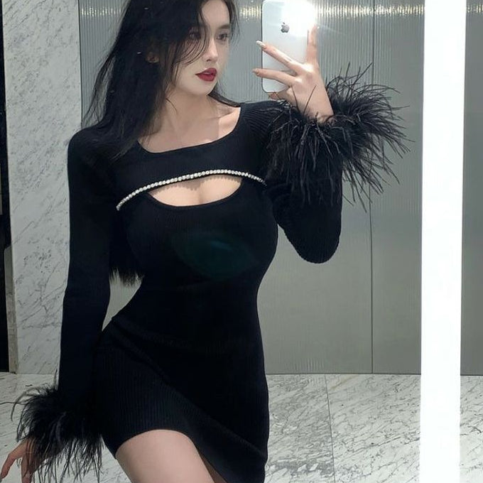 Black Party Dress With Ostrich Feather. You Will Look Stunning Women's-0