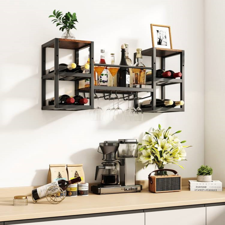 Industrial Wood Metal Wall Mounted Wine Rack Shelf with Glass Holders-2