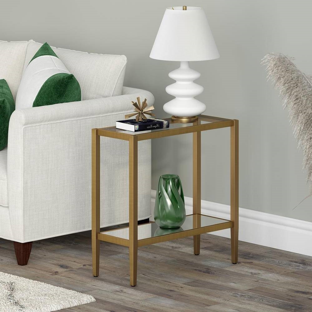Rectangular Side Table Gold Antique Brass Metal Glass Top Bottom Shelf Sofa Table-2