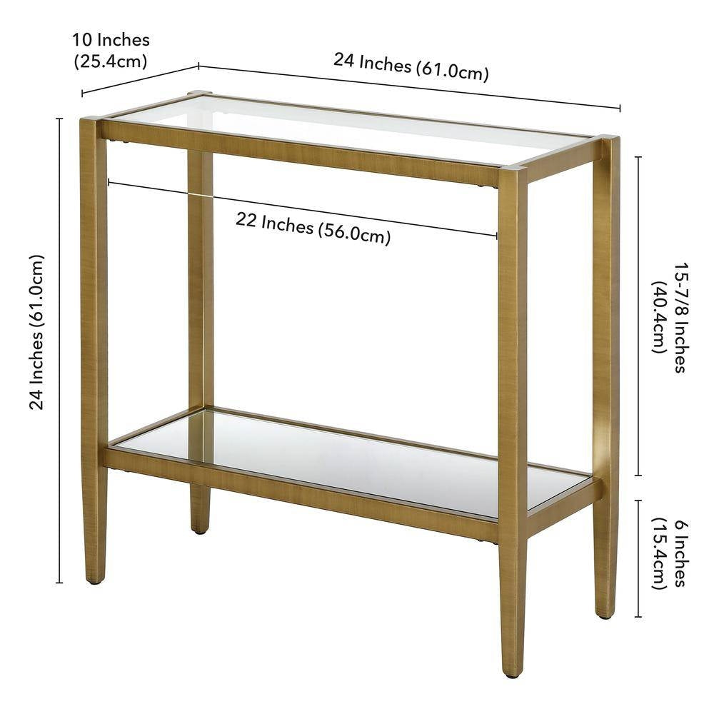 Rectangular Side Table Gold Antique Brass Metal Glass Top Bottom Shelf Sofa Table-3