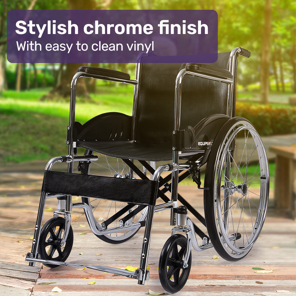 NNEMB Folding Manual Wheelchair Self Propelled, 24' Rear Wheels, Chrome Steel Frame, 46cm Wide Seat, 100kg Capacity, Park Brakes-3