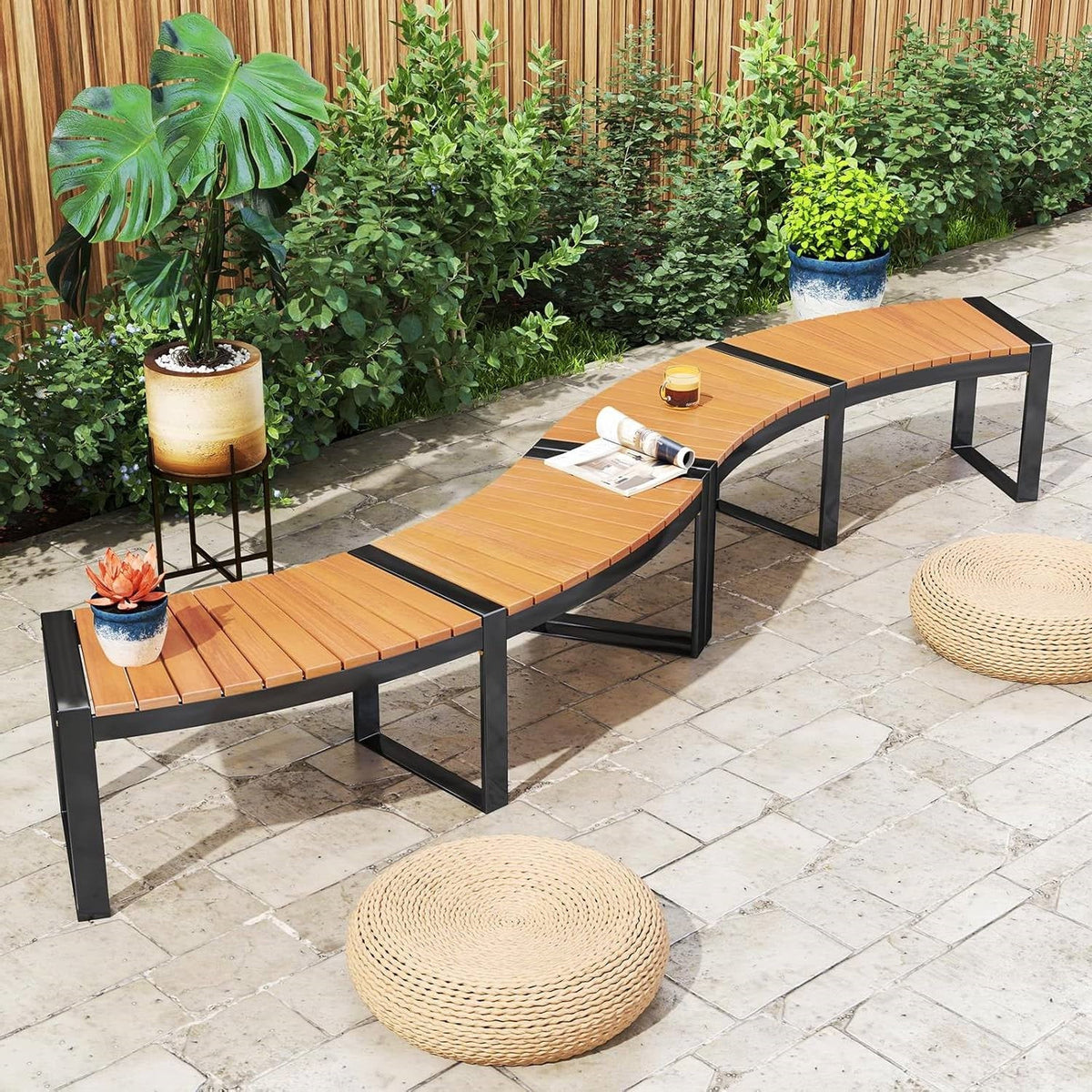 Outdoor Metal Frame Wood Slat Backless Garden Bench with Modern Arch Design-2