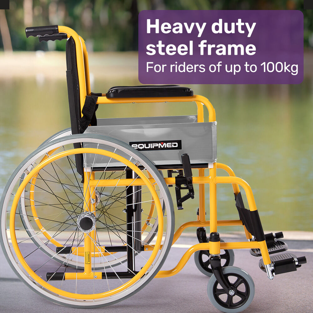 NNEMB Kids Paediatric Wheelchair, 100kg Rated, 110-140cm Rider Height, Quick Folding, Adjustable Footrests, 22' Wheels, Yellow-1
