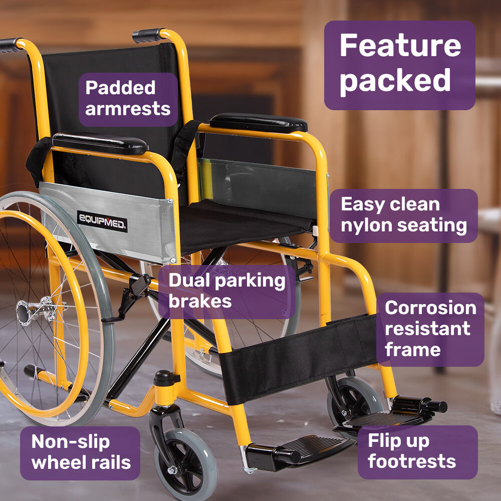 NNEMB Kids Paediatric Wheelchair, 100kg Rated, 110-140cm Rider Height, Quick Folding, Adjustable Footrests, 22' Wheels, Yellow-2
